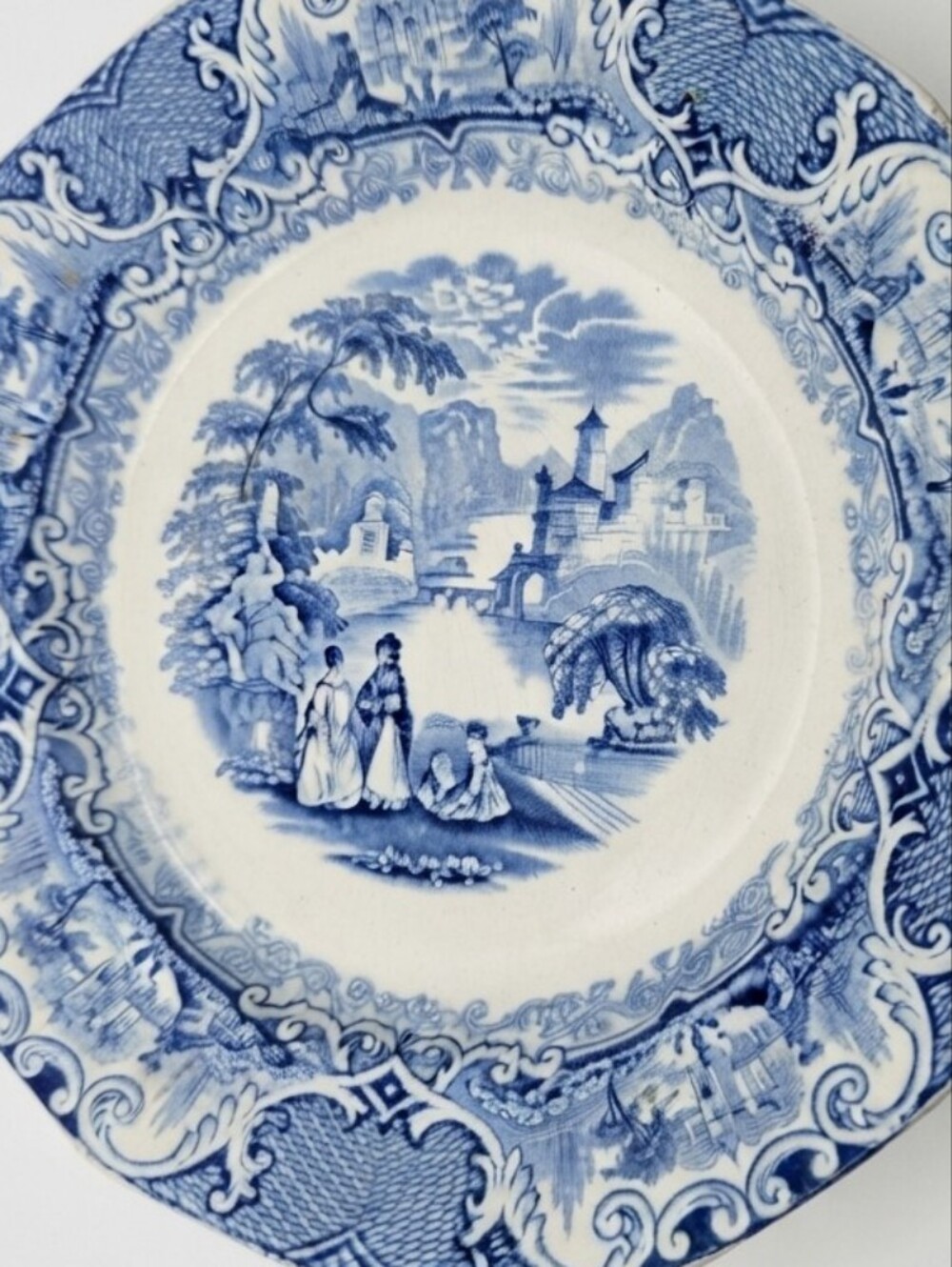 1860-1890s Antique Watteau Victorian Blue Transferware Plate 9.5" Staffordshire
